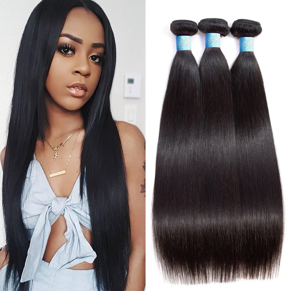 Brazilian Virgin Straight Human Hair 3 Bundles BLY 8A Unprocessed Natural Black Silky Straight Hair Weave Extensions 300g Total (22/24/26 Inch)
