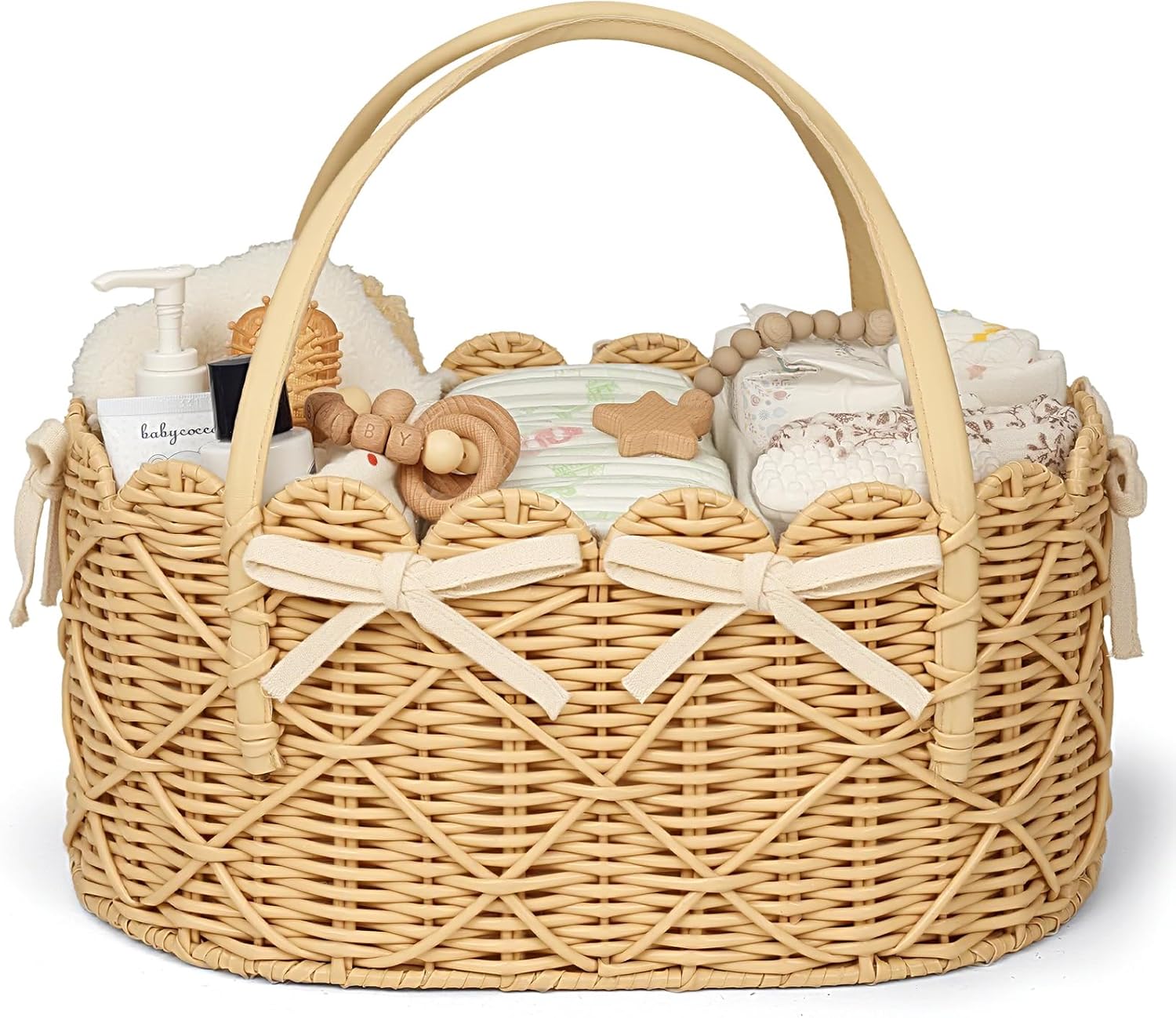 Diaper Caddy Organizer, Hand Rattan Scalloped Diaper Caddy Changing Table Organizer, Wicker Nursery Bakset Picnic Basket Household Organizer, Beige TB31