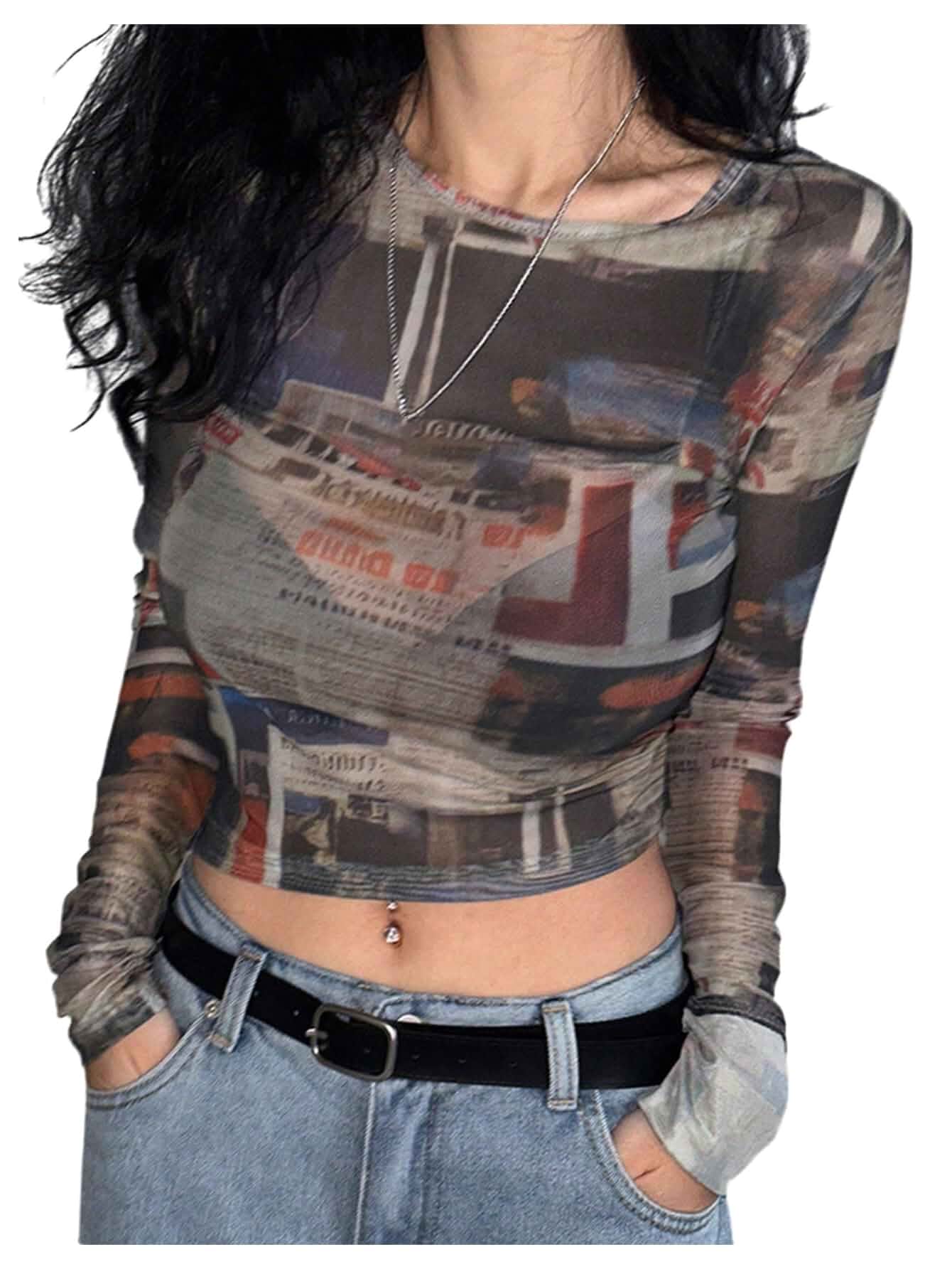 SHENHE Women's Y2k Graphic Mesh Crop Top Sheer Shirt Alt Clothes | Long Sleeve, Slim Fit, See Through, Alternative Shirt