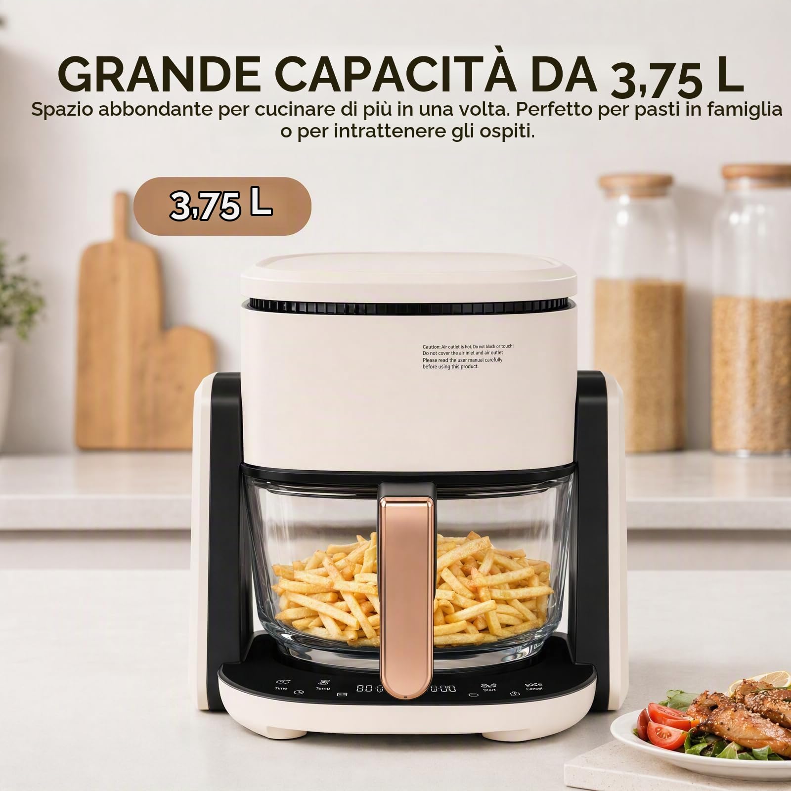 Friggitrice ad aria calda in vetro, 4,5 l, 3 in 1, con funzione grill, display LCD, 1200 W, vetro borosilicato, finestra di visualizzazione, timer da 60 minuti, regolazione della temperatura, design