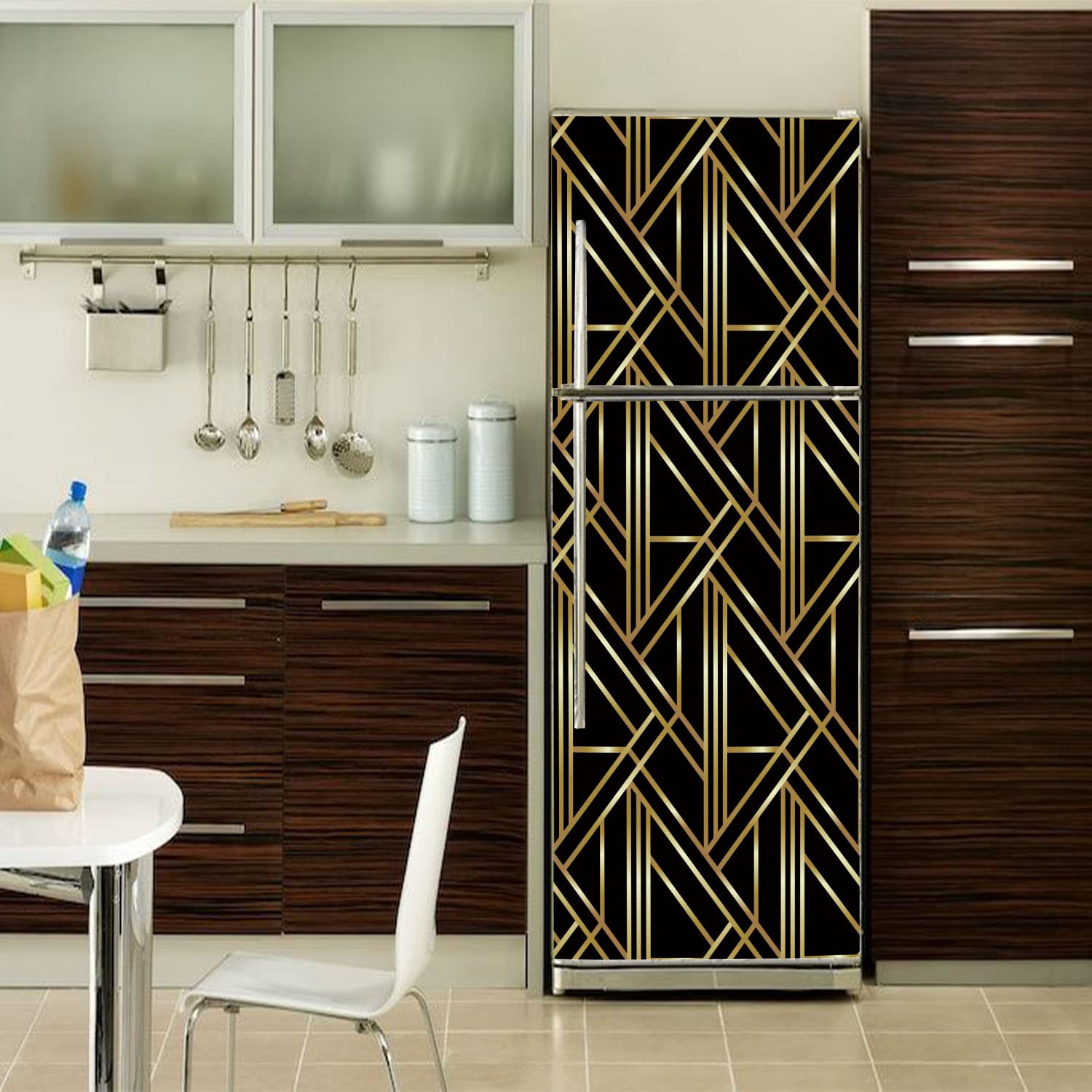 Alwayspon Self-Adhesive Vinyl Fridge Wrap, Peel and Stick Refrigerator Door Mural Removable, Geometric Black Gold Effect Fruniture Wall Fridge Sticker, 56x163CM