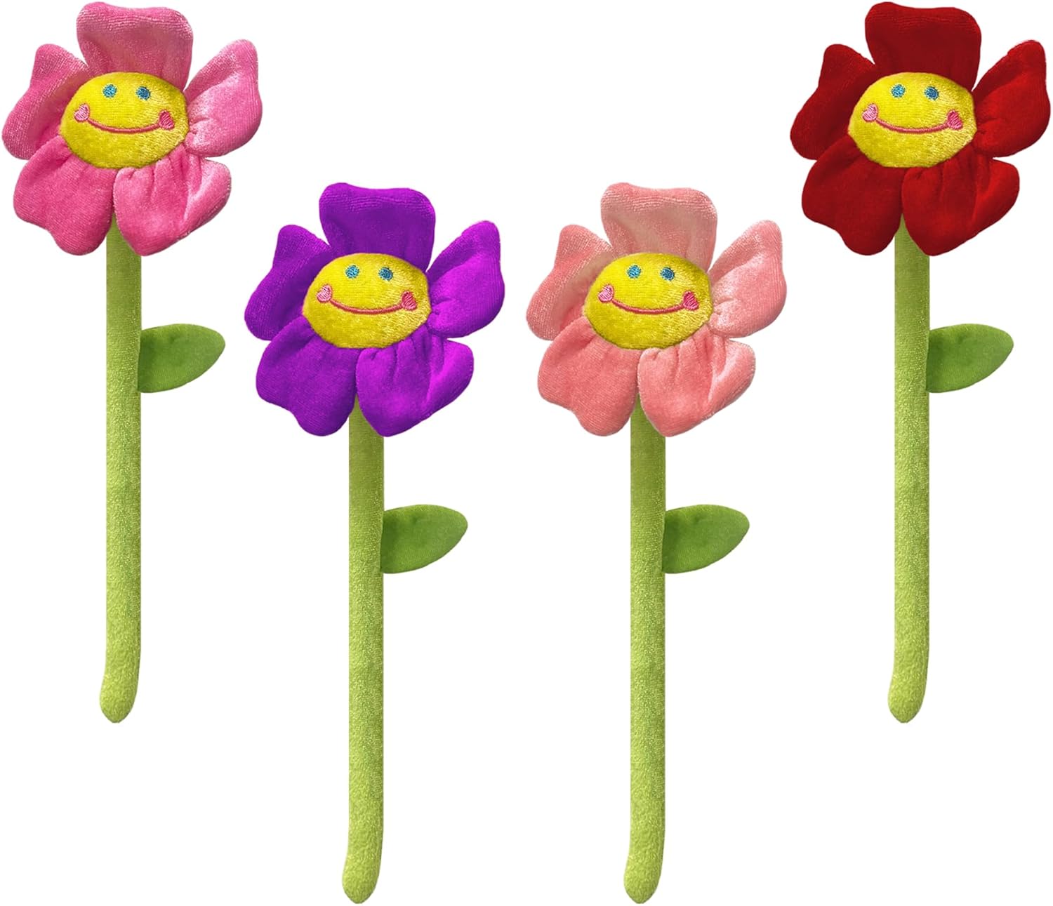 PELUCHERIA - Smiley Plush Flowers, 4, 6 and 12 Pieces, Decorative, Multicoloured, Pink, Purple, Red (30 cm, 4 Pcs)