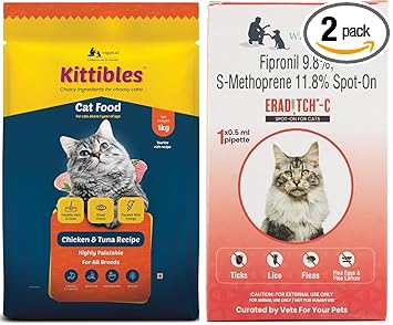 WIGGLES Cat Food Dry Adult & Spot on for Cats, 1kg & 0.5ml - Kitten Chicken, Tuna Fish Food with Ticks Remover Treatment Drops (Pack of 2)