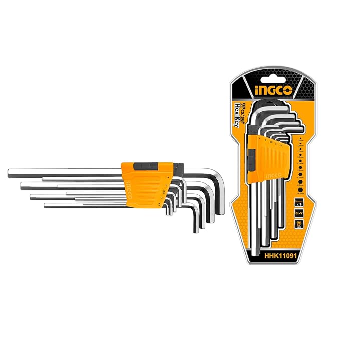 Ingco 9pcs Hex Key Set, 1.5mm - 10MM, Cr-V, Heat Treatment and Chrome Plate, Perfect For Carpenters, Construction