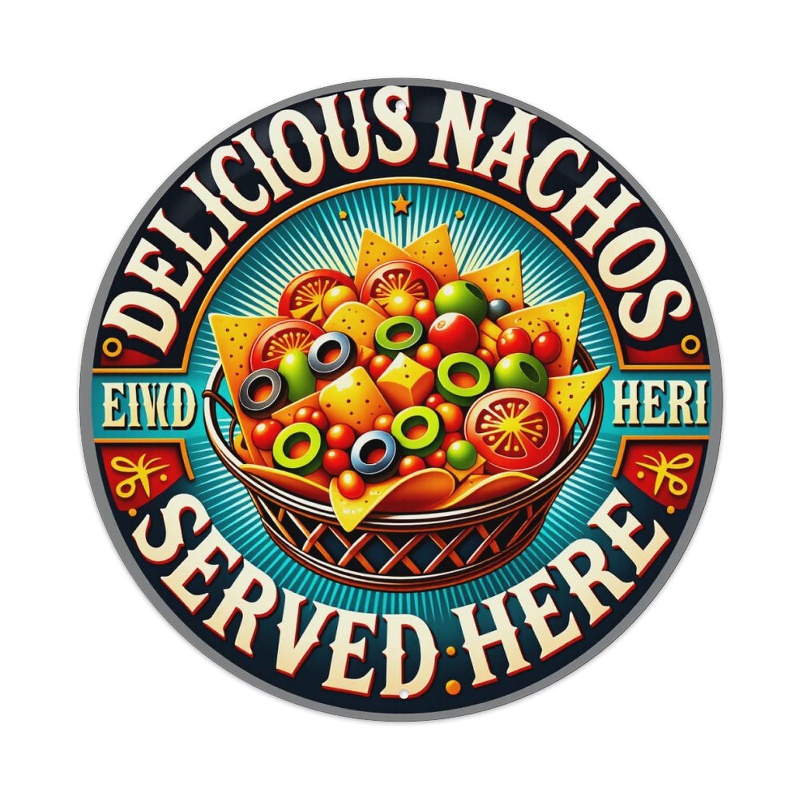 Delicious Nachos Served Here Colorful Food Art Design Round Vintage Tin Sign,Retro Wall Art,Metal Poster for Home, Bar, Garage, Cafe, Rustic Indoor & Outdoor Decor, 8x8 Inches