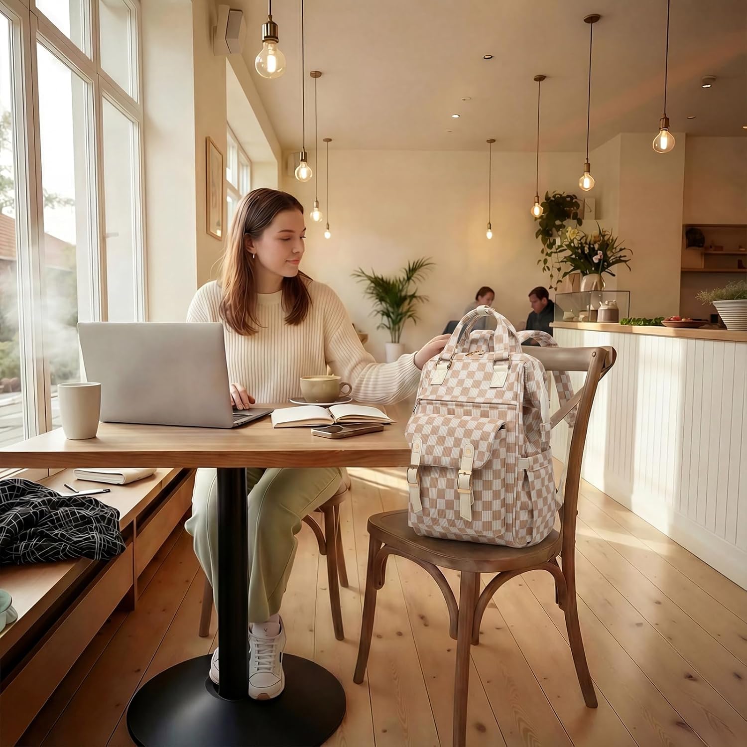 Corduroy Laptop Backpack for Women 15.6 Inch Stylish College School Bookbag, Business Work & Travel Computer Backpacks (Checkered Brown) - Image 8