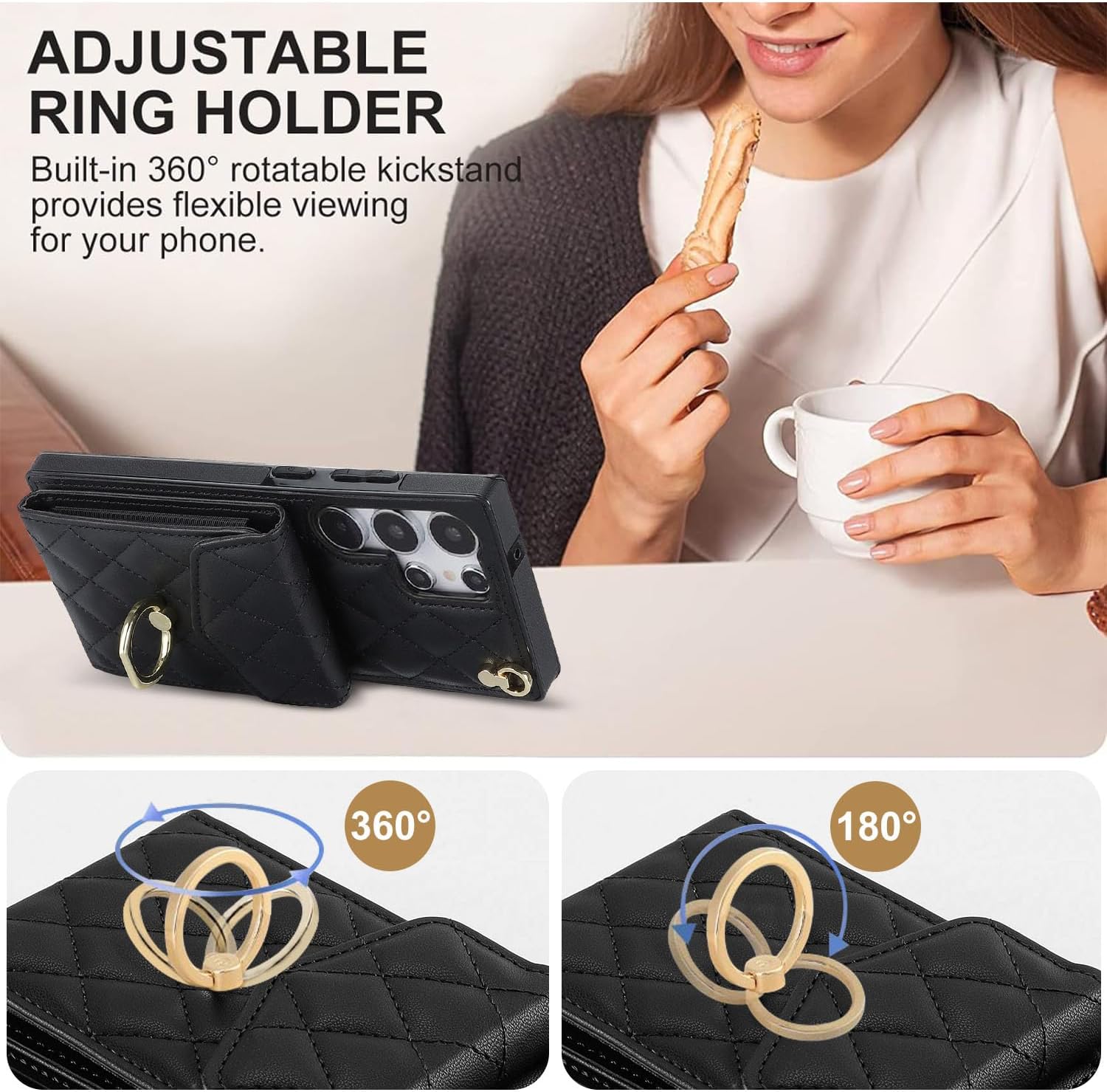 QLTYPRI Crossbody Wallet Case for Samsung Galaxy S25 Ultra, PU Leather Phone Case with RFID Blocking Card Slots Holder Ring Kickstand Wrist Strap Lanyard Handbag Purse Cover - Black - Image 3