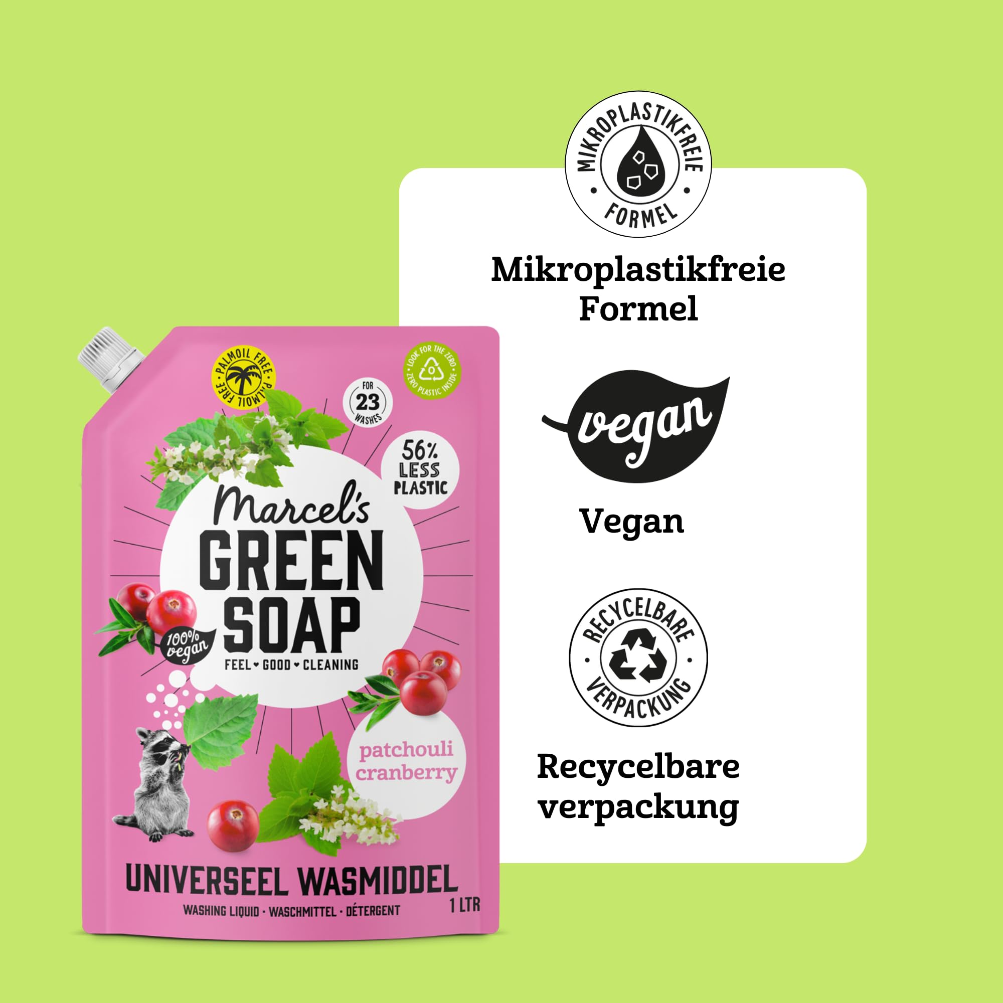 Marcel's Green Soap Universalwaschmittel Nachfüllbeutel Patschuli & Cranberry - Nachfüllpackung - Weiße und bunte Wäsche - Vegan - Mikroplastikfreie Formel - 92 Waschgänge - 1L (4er Pack)