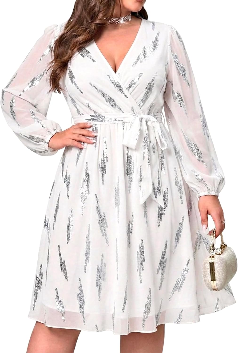 RED DOT BOUTIQUE 876 - Plus Size Elegant Sheer Sleeve Dress with Waist Sparkle Chiffon Mesh Cocktail Dress