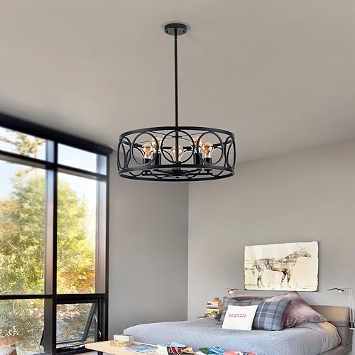 Miniatura 9 de Lámpara de araña negra de 5 luces, colgante de tambor de metal retro de 20.5 pulgadas, altura ajustable, lámpara colgante vintage rústica para