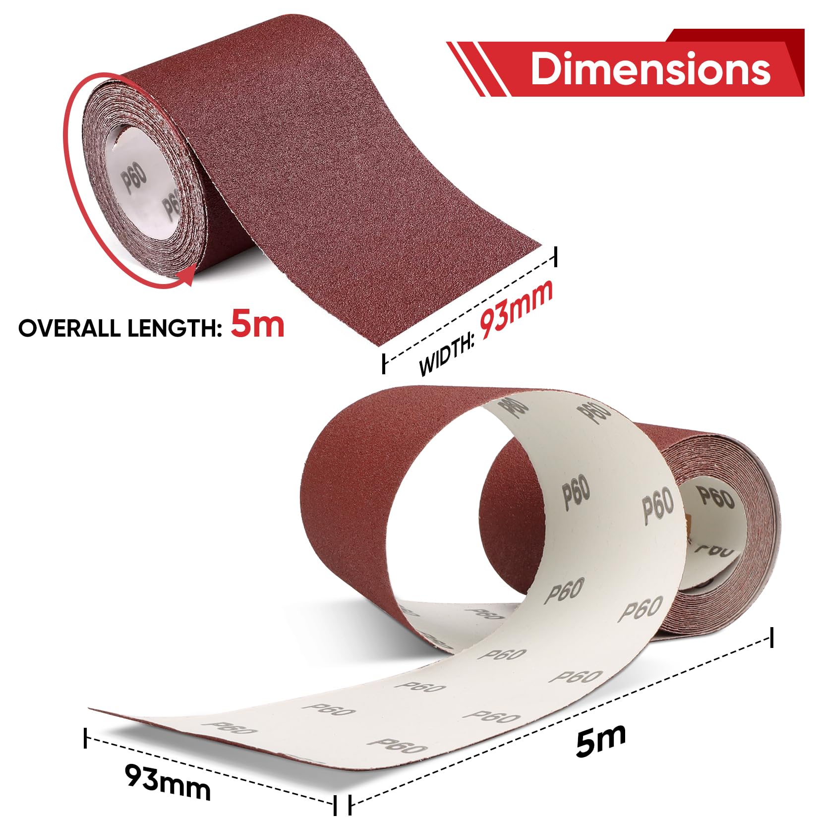 KRETLAW Schleifpapierrollen-Set 5 Rollen, 93mm x 5m, Körnung 60/80/120/180/240, Schleifpapier zum Schleifen, Polieren und Entrosten von Holz, Metall, Stahl