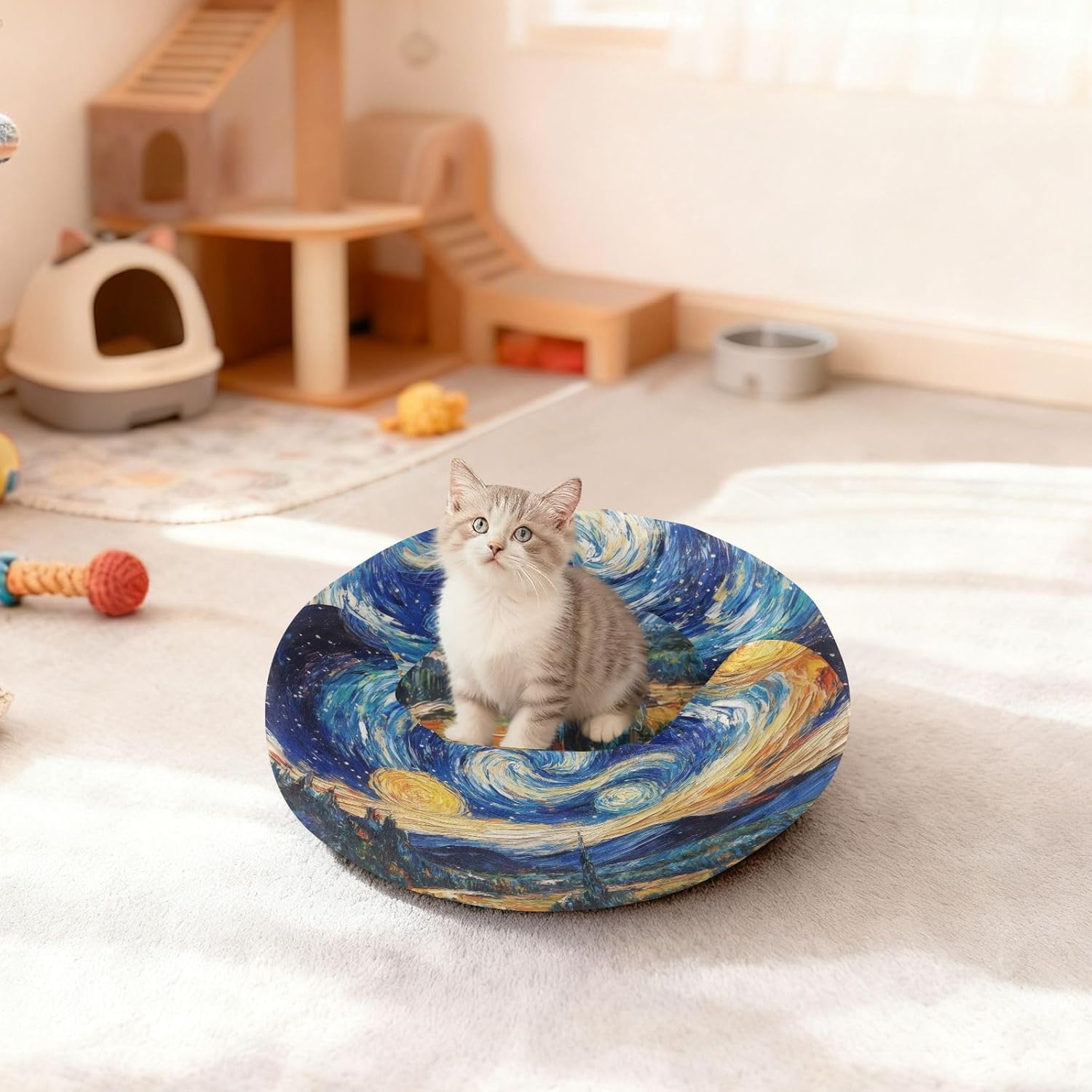 Dog Bed Ultra Soft Fluffy Comfortable Cat Bed, Van Gogh Art Washable Dog Beds Anti-Slip Round Pet Beds for Medium Dogs