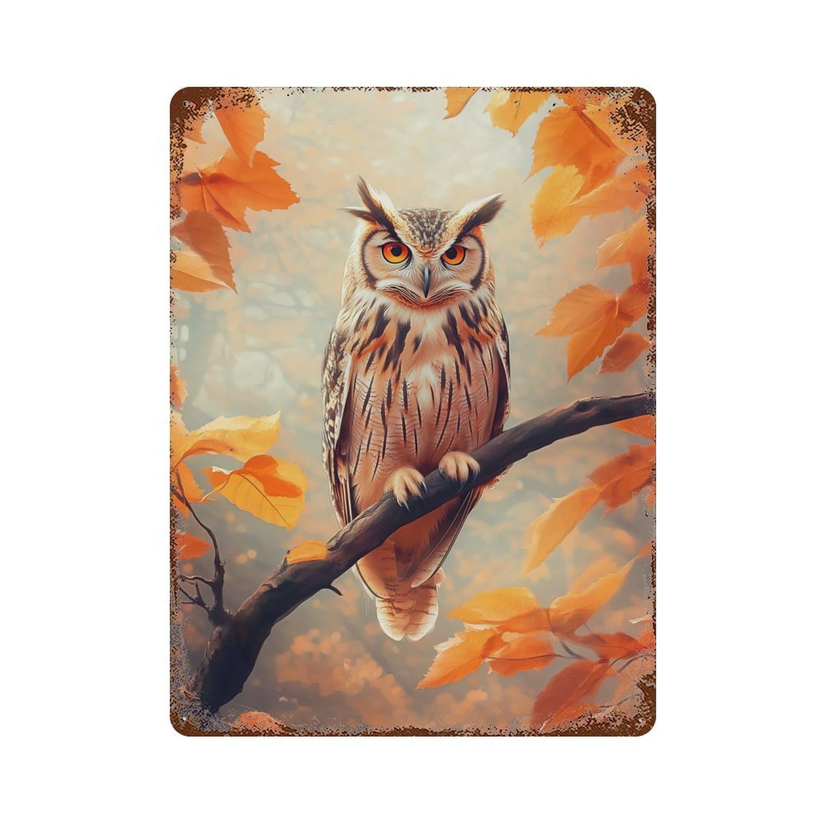 Weathered Tin Sign with Owl Perched on Branch in Autumn Design 15.7"x11.8", for Office, Studio And Wall Decor, Retro Wall Decor