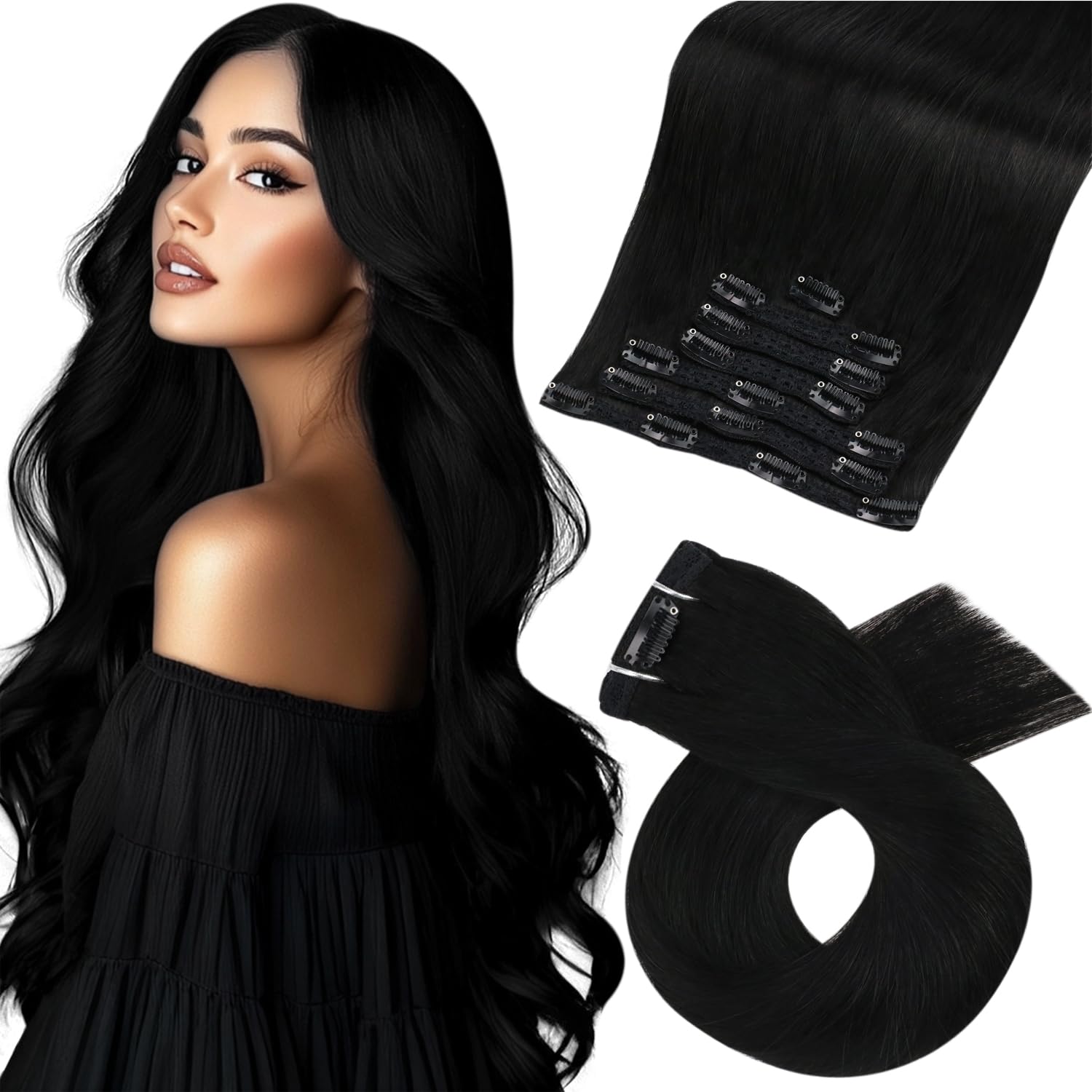 Moresoo Black Hair Extensions Clip in Long 24 Inch 120G 7pcs Full Head Clip in Hair Extensions Real Human Hair Natural Black Remy Hair #1B