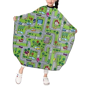 City Roads Cars Grass Areas Haircut Cape Kids Haircut Apron Waterproof Professional Salon Hair Cutting Polyester Cape,Barber Hairdressing Cover For Girls Boys 39 X 47 In