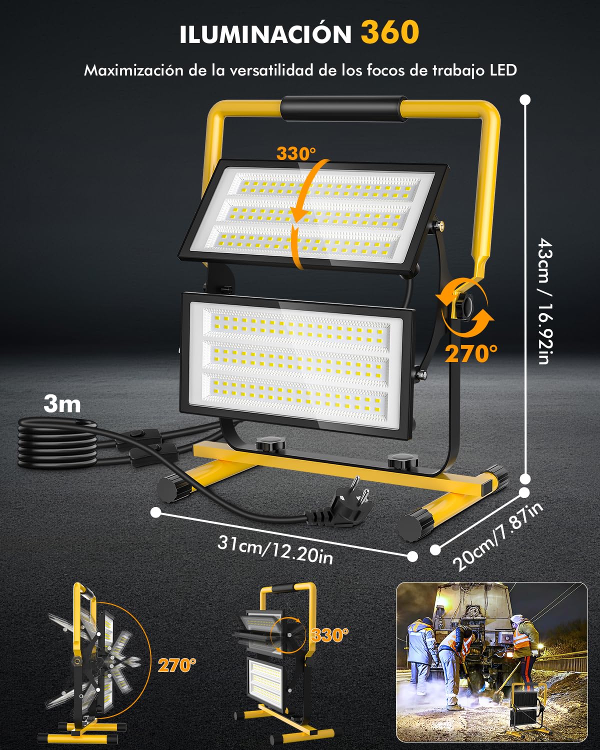 Foco de Trabajo LED 200W 20000LM Focos Proyector LED Portatil con Giratorio 360º, 6500K Blanco, Cable 3M, Impermeable IP66 Luz de seguridad para Interior y Exterior Jardín Obra Taller Garaje