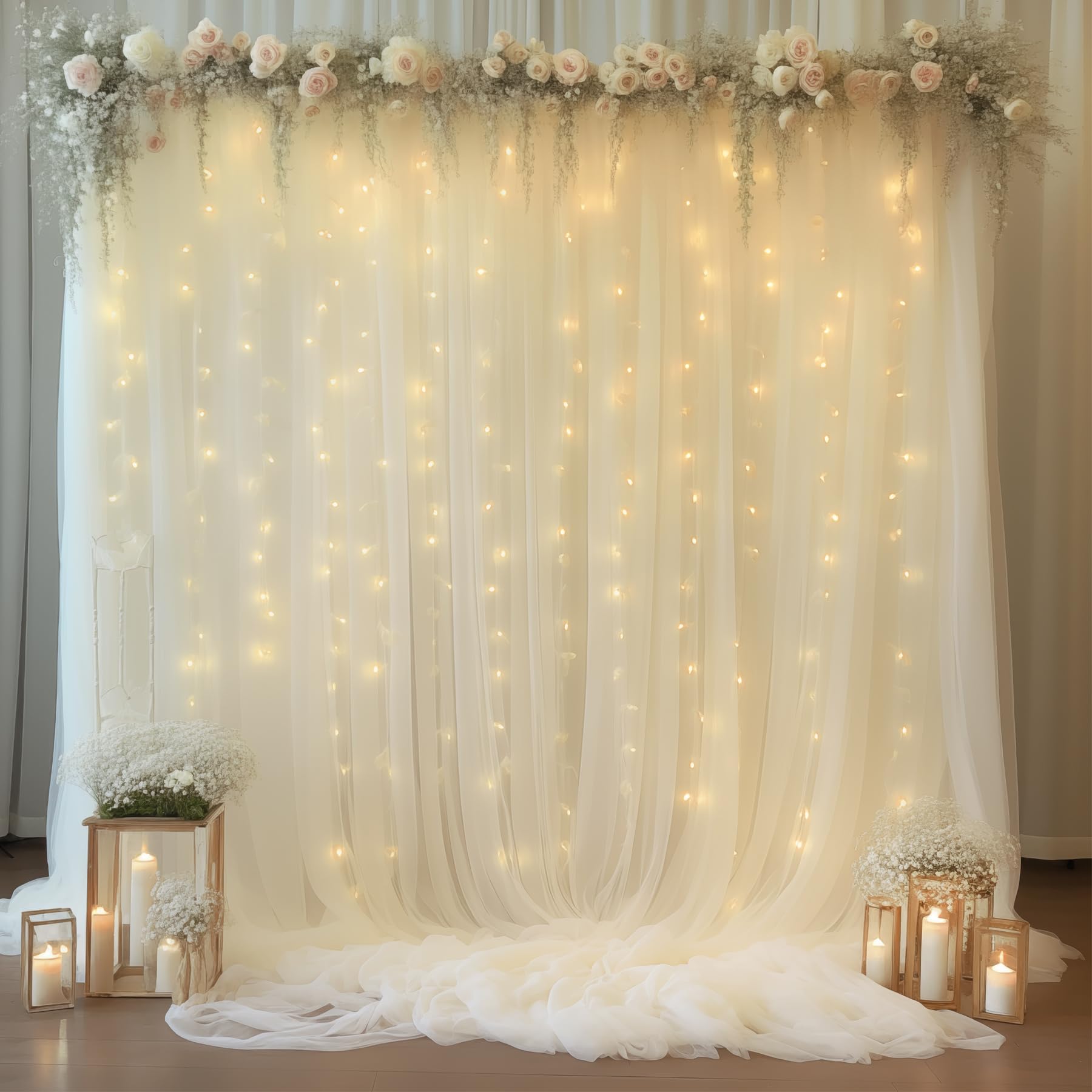 Vorhang, Tüll, mit Lichterkette, durchsichtig, für Hochzeiten, Partys, Heimdekorationen, 6 x 3 m, cremeweiß