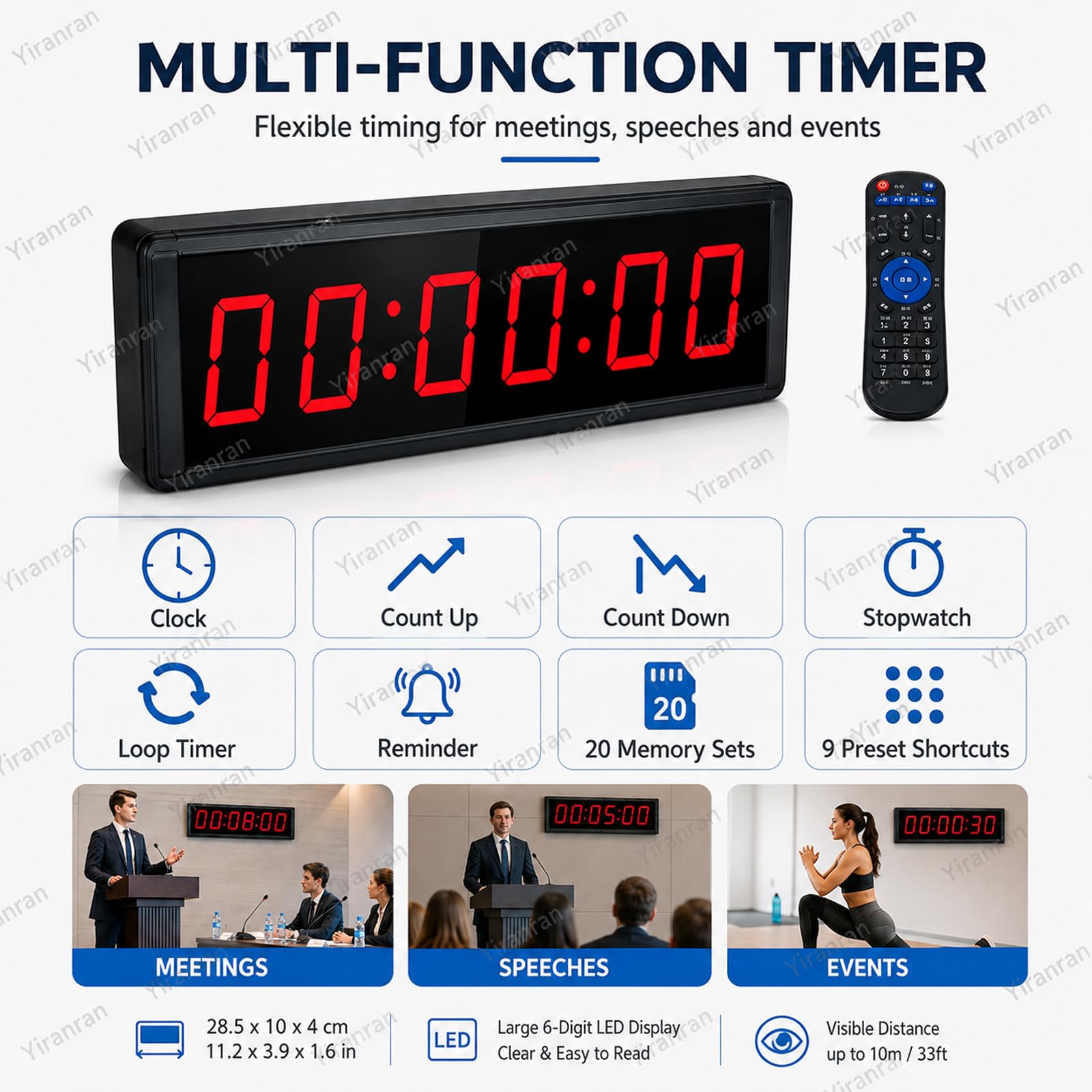 Orologio da parete digitale da 1,5 pollici con treppiede, timer a doppia faccia, conto alla rovescia/avanti, cronometro, memoria preimpostata e timer ciclico,ideale per eventi di corsa e gare sportive