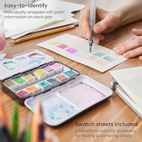 Miniatura 3 de ARTEZA Juego de pintura de acuarela pastel con cepillo de agua, 12 medias sartenes de acuarela de 5.5 x 8.5 pulgadas, paquete de 3, 90 hojas,
