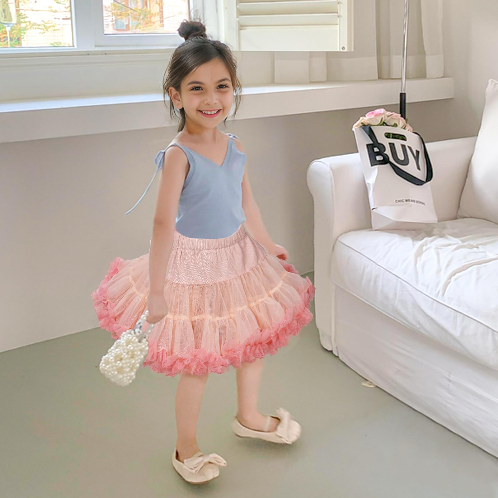 LACOFIA Gonna Tulle per Bambina Gonna tutù per Bambine e Ragazze a Strati con Volant Gonne da Principessa a Vita Elastica Mini Gonna Bolla per Feste Danza Rosa Chiaro 5-7 Anni
