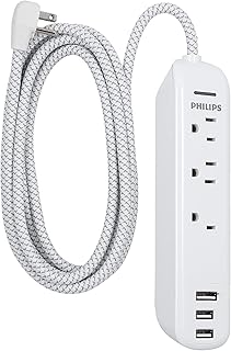 Philips Accessories 3 Outlet Surge Protector Power Strip with 3 USB Ports, 6 Ft Designer Braided Power Cord, Flat Plug, Perfect for Office or Home DÃ©cor, 360 Joules, ETL Listed, White, SPP3306WB/37