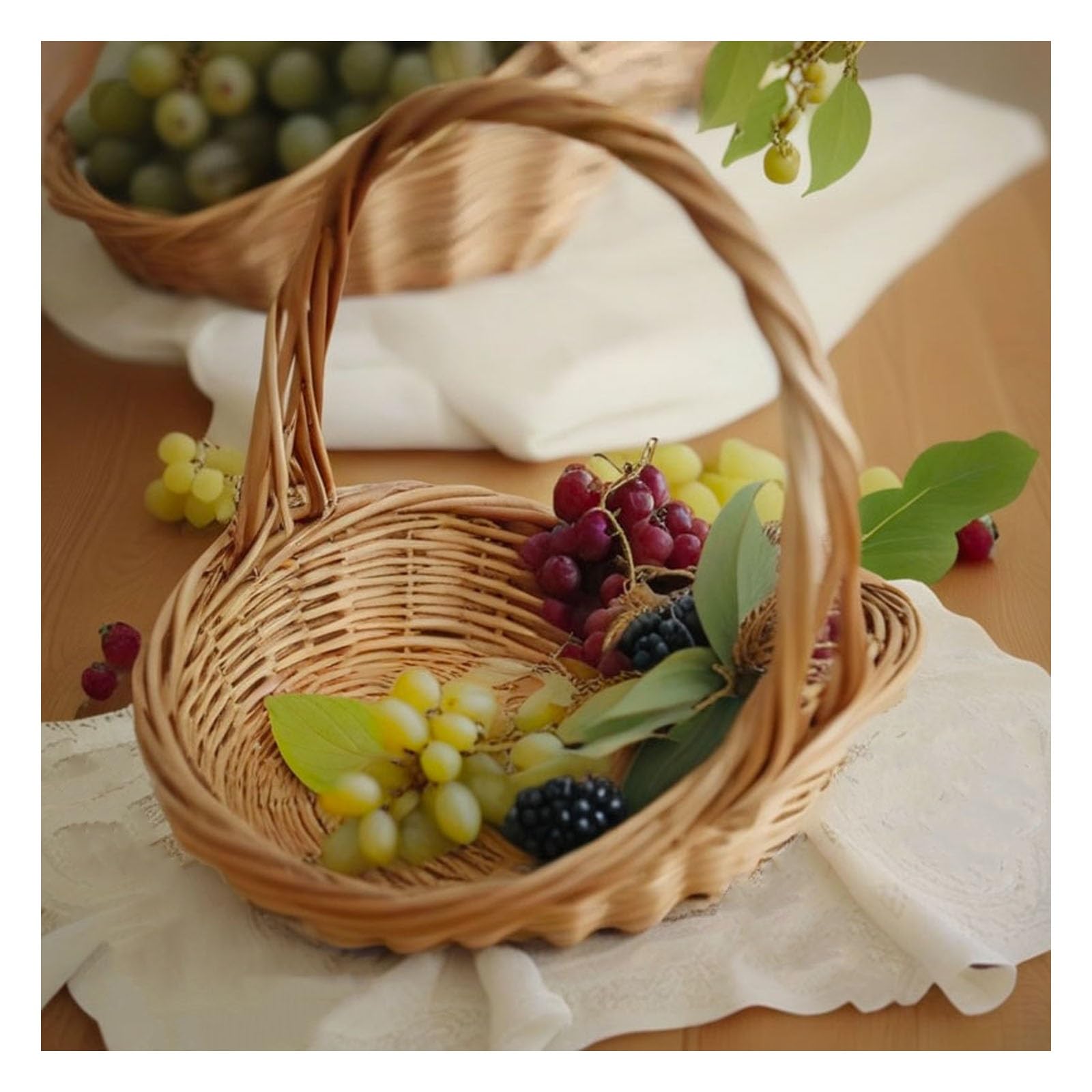 Cestino da picnic in vimini, realizzato a mano, cestino portaoggetti in rattan con manico