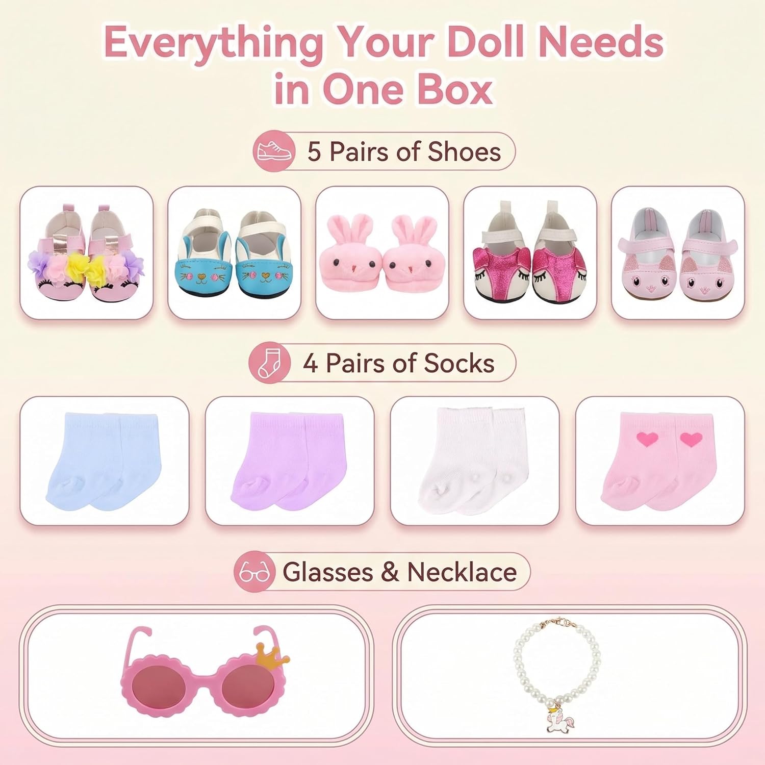 20 Pcs 18 inch Doll Accessories , 5 Pairs of Doll Shoes, 4 Pairs of Doll Socks, 1Pc Toy Sunglasses,1Pcs Necklace, Good Gift Holiday Best Gift Present for Girls, Kid