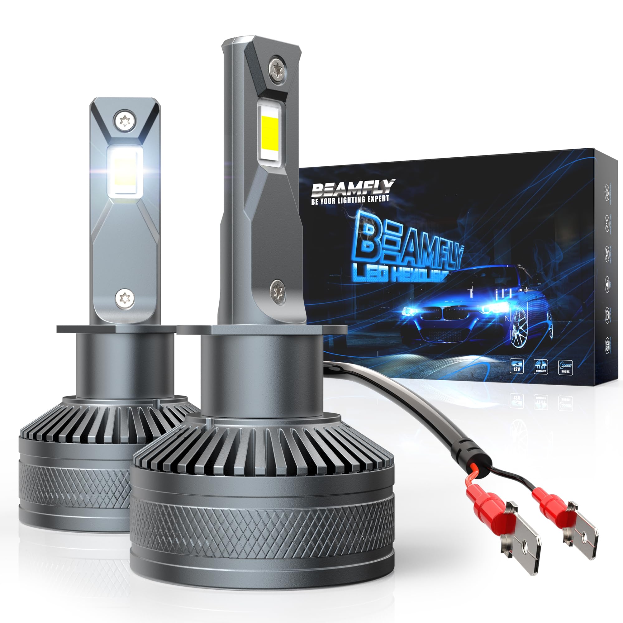 Ampoules H1 LED 36000LM, BEAMFLY Phares Avant de Voitures, 110W Très Puissant, 6000K Blanc