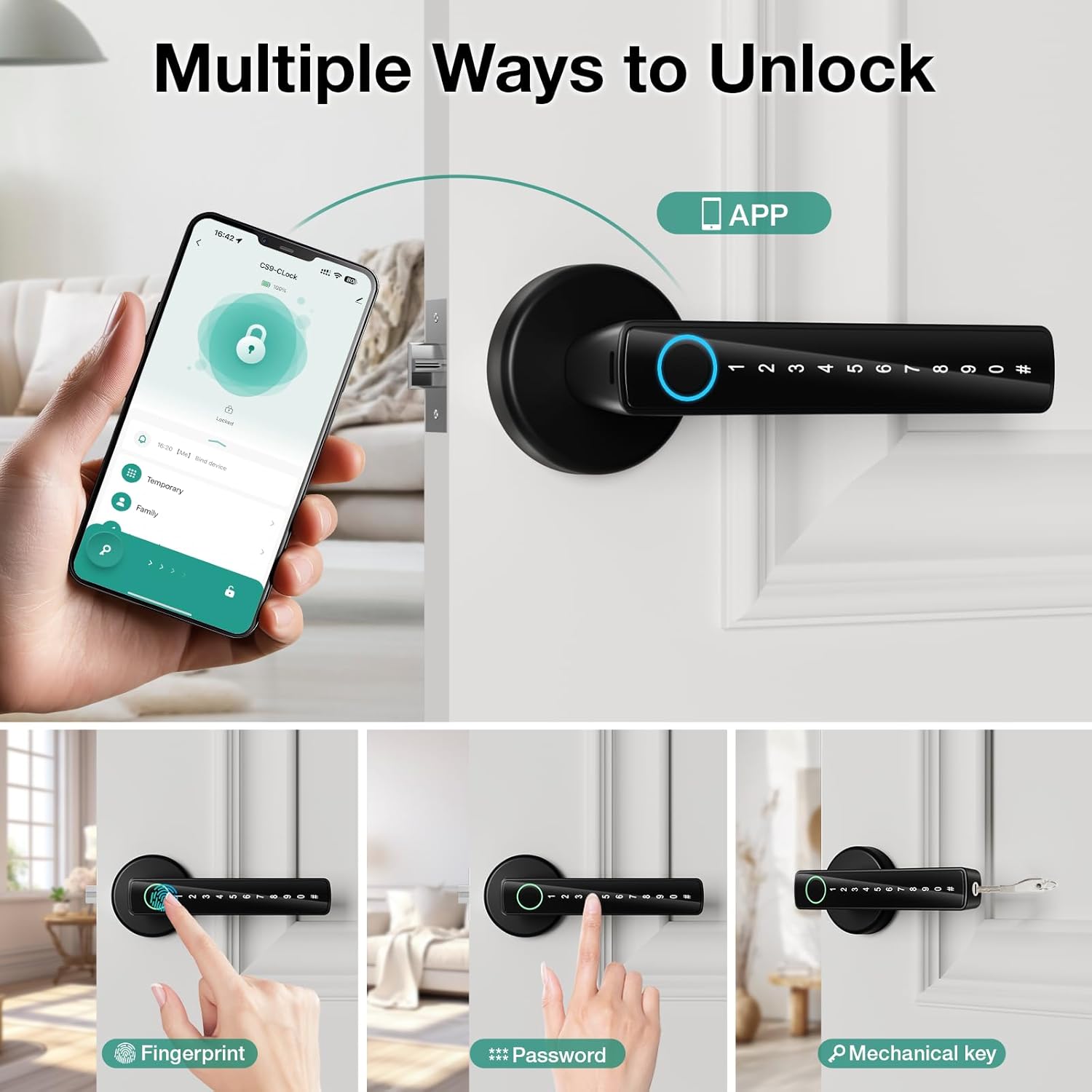 Fingerprint Door Lock with 2 Keycards & App Control – 5-in-1 Smart Door Knob for Bedrooms, Keys & Code, Store 50 Fingerprints