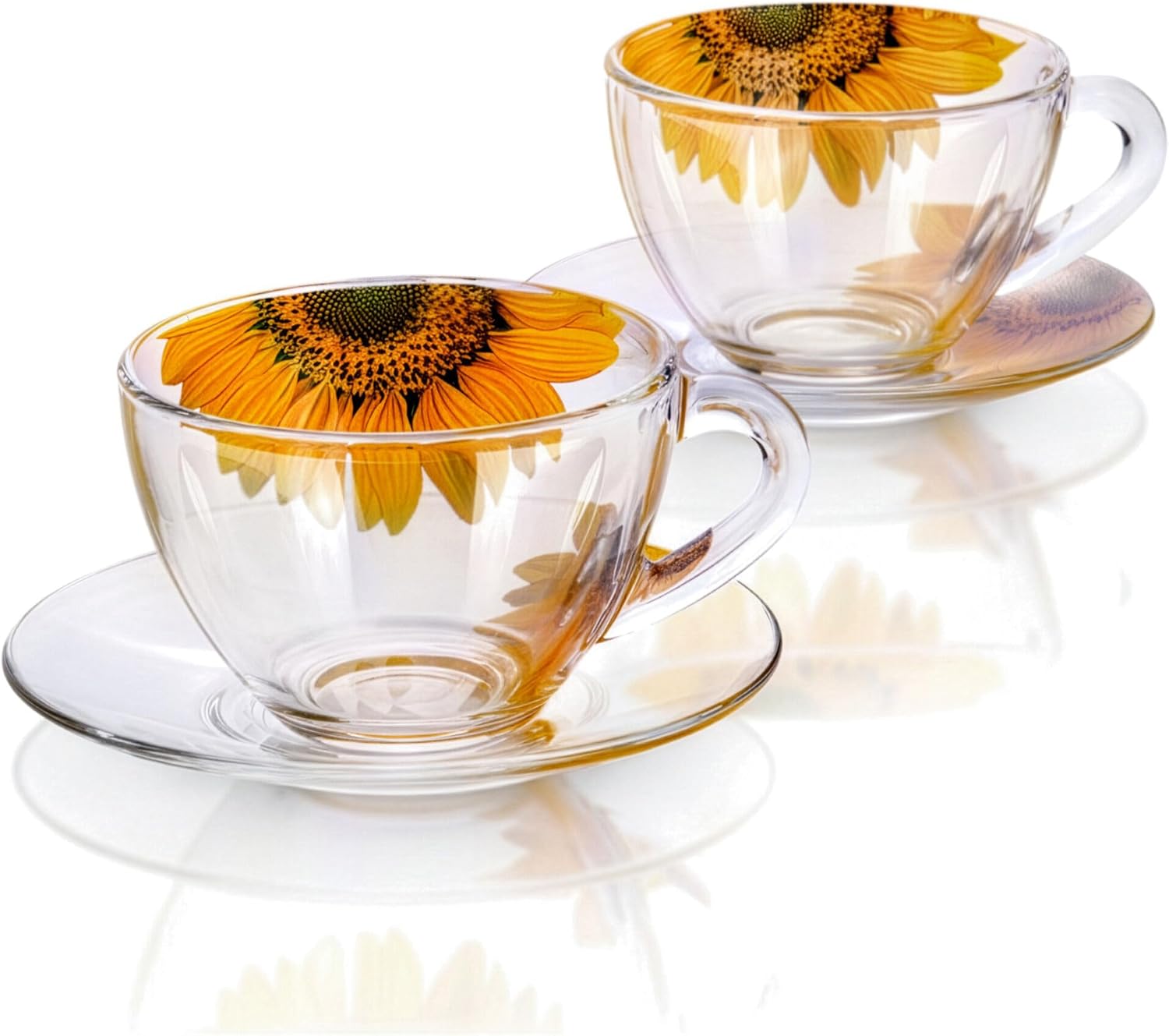 STP GOODS Sunflowers Glass Tea Cup and Saucer Set of 2 Glass Teacups 6.8 fl oz (200 ml) Cups with Matching Saucers for Two, Tea Coffee Set for 2, Coffee Cups, Dishwasher and Microwave safe