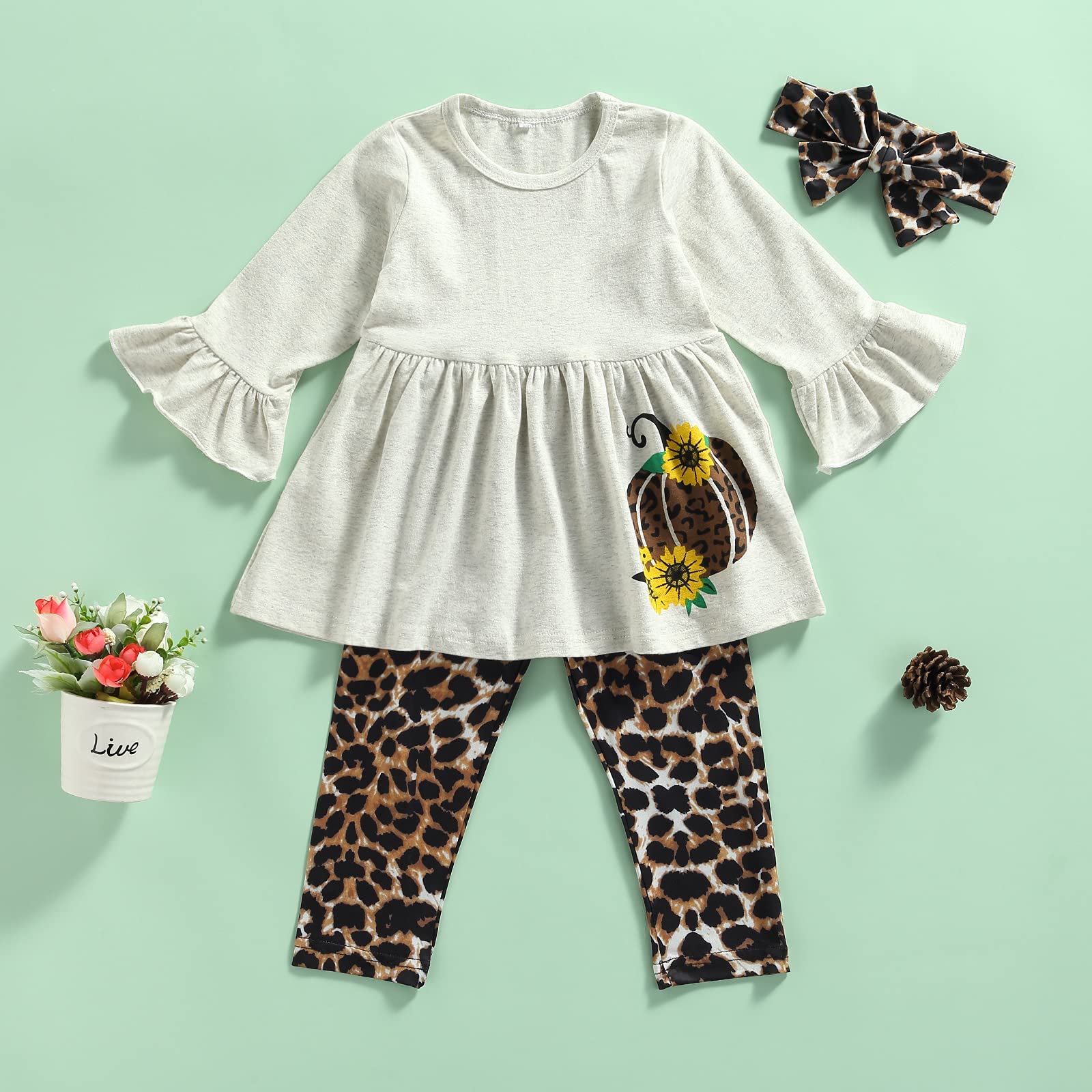 Madjtlqy Toddler Kids Girls Fall Outfits Long Sleeve Ruffle T Shirt Tops + Leopard Pants + Headband 3Pcs Clothes Set (Grey-Pumpkin, 6-7 Years)