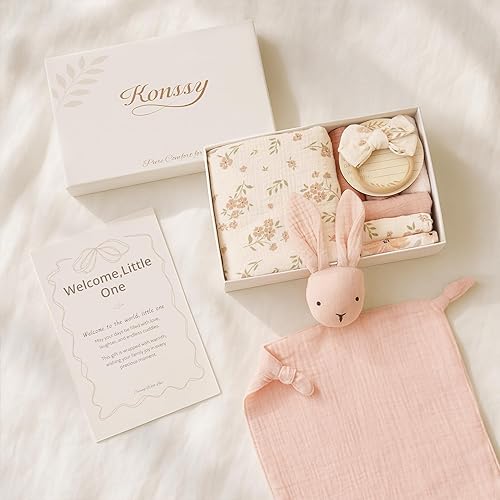 Miniatura 8 de Konssy Regalos de baby shower, conjunto de artículos esenciales para recién nacidos, regalos de revelación de género, conejito amoroso, manta para