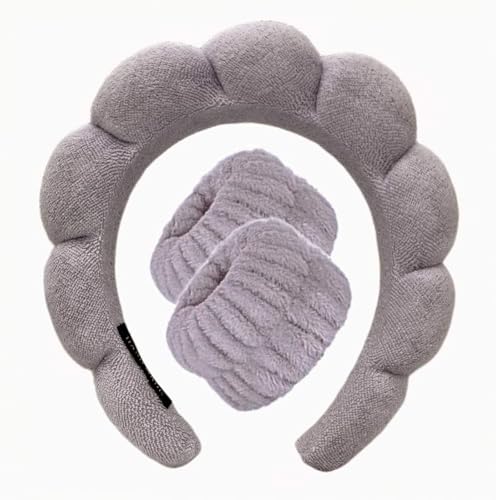 Cloud Headband & Anti-Drip Wristband Set for Face Washing(Grey)
