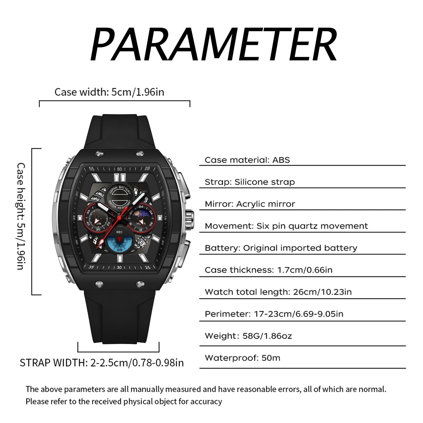 findtime Grande Écran Montre Rectangulaire Homme Militaire Tactique de Sport Analogique à Quartz Grand Cadran 5ATM, Alarme Rétroéclairage Montre Étanche Bracelet Respirant et Confortable