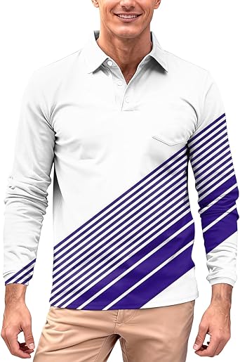 Men Long Sleeve Polo Shirt with Striped Print Classic Collar Chest Pocket Fit Casual Top