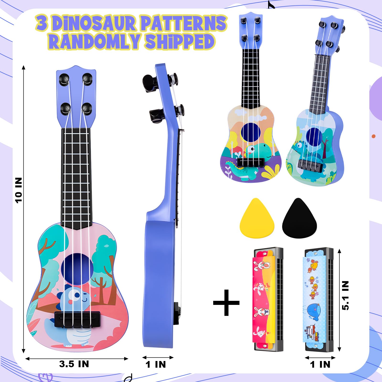 Mini guitarra de juguete musical de 10 pulgadas, ukelele clásico para niños pequeños con 2 mini armónica extra, 16 agujeros y 2 recuerdos de fiesta para niños (dinosaurio) 2