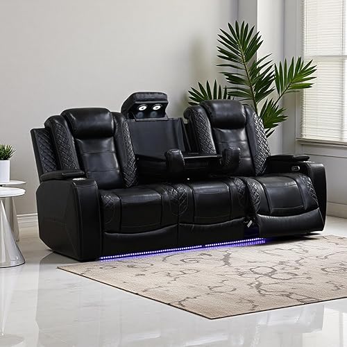 Miniatura 36 de Juego de sofá reclinable eléctrico, juego de sofá reclinable de cine en casa, sofá biplaza reclinable de cuero transpirable con Debut negro,Negro