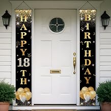 18th Birthday Decoration for Boys Girls, Happy 18th Birthday Porch Sign Door Banner Black Gold, 18 Year Old Birthday Party Yard Sign Decor Supplies for Women Men, Oxford Fabric Material