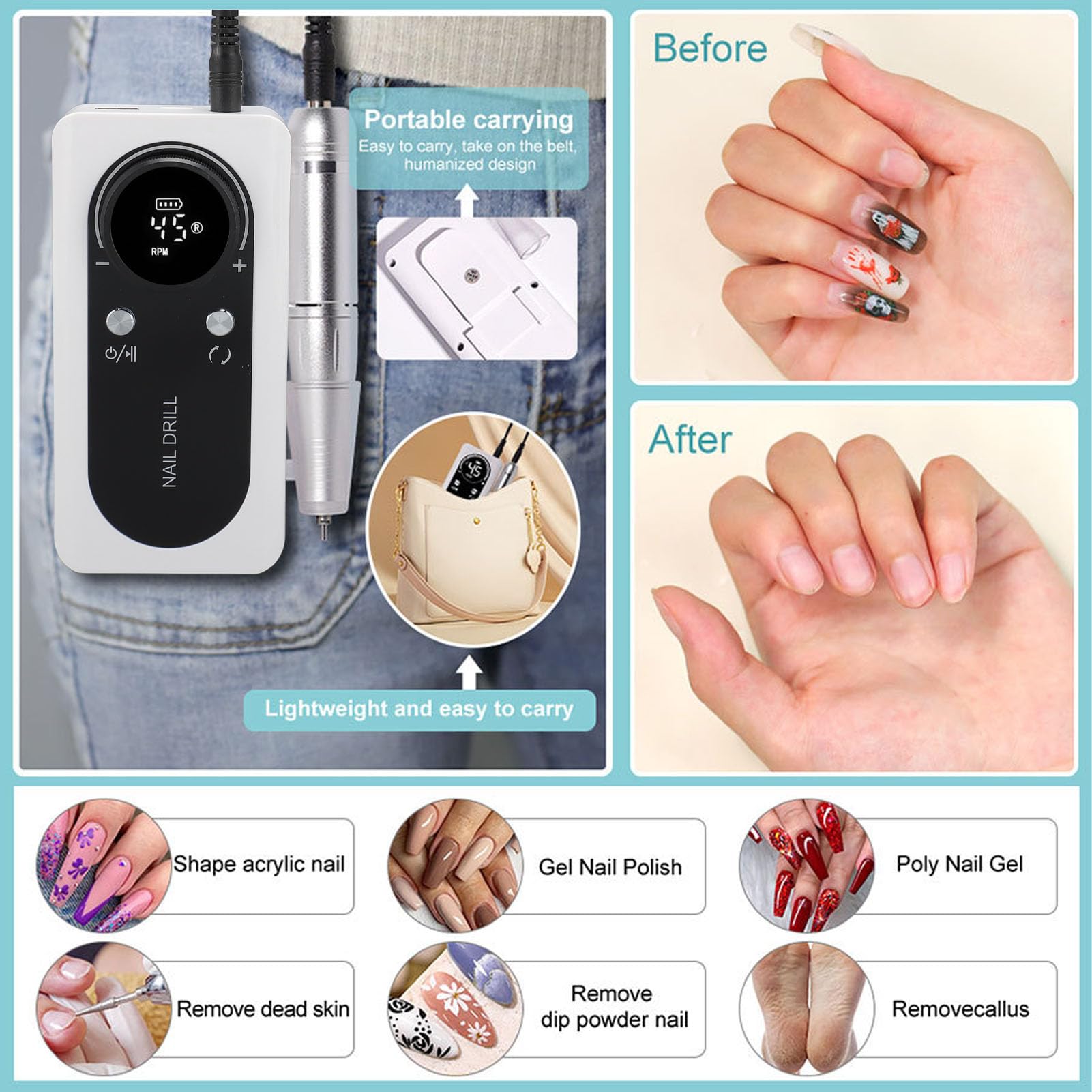 Taladro de Uñas Eléctrico Portátil, Kit de Pedicura de Manicura de Velocidad Recargable de 45000 Rpm, Herramienta de Pulido de Uñas con Múltiples Cabezales de Pulido, para Pulido
