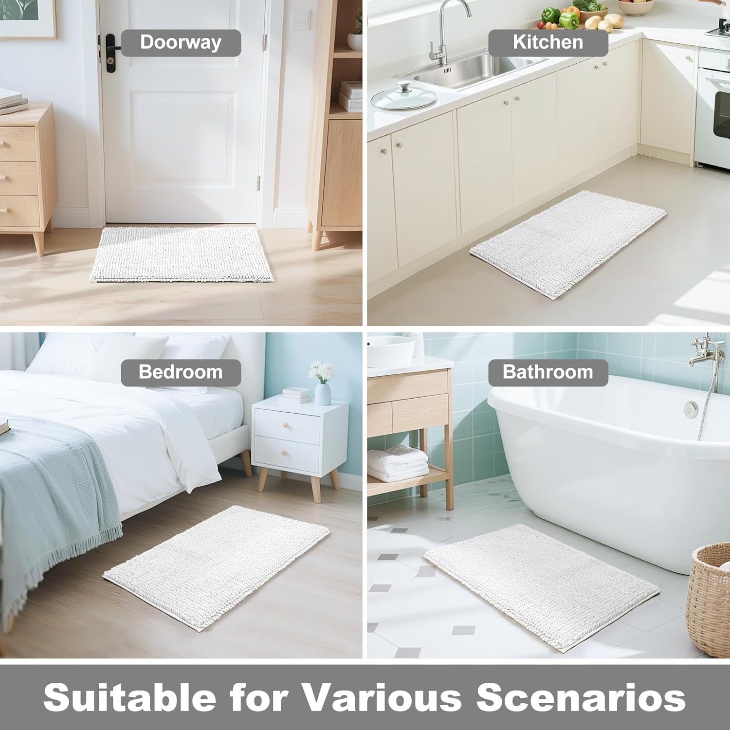 Thick Soft Absorbent Bath Rugs, Hot Melt Rubber Backing Bathroom Mat, Machine Washable Plush Bathroom Floor Mat, Bath Rugs Set for Tub Shower, Home Decor Accessories (White, 17"x24"+20"x30")