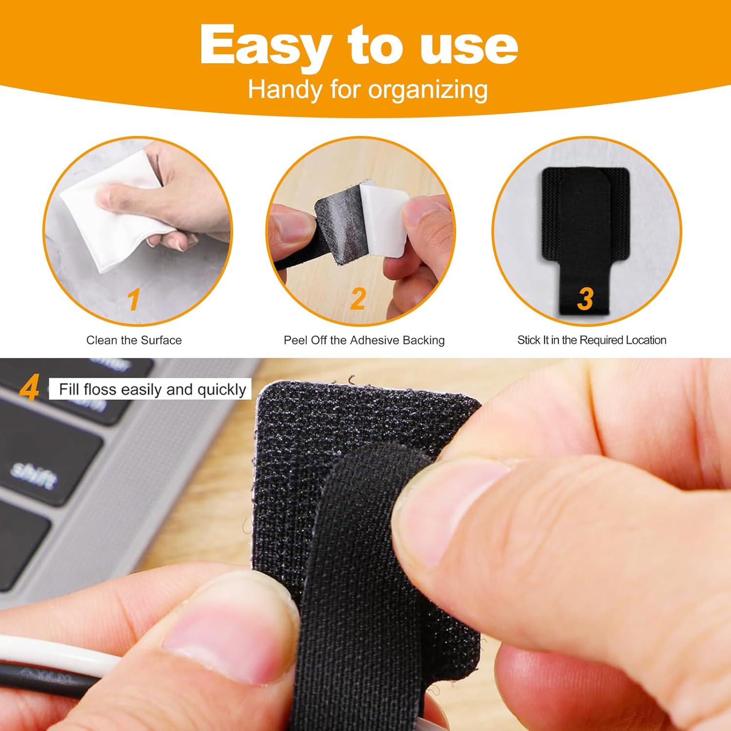 40 PCS Self Adhesive Hook and Loop Cable Ties with Adhesive Backing, 1x4 Inch Reusable Cord Organizers for Under Desk, Home Office, Kitchen, Cable Management Straps (Black)