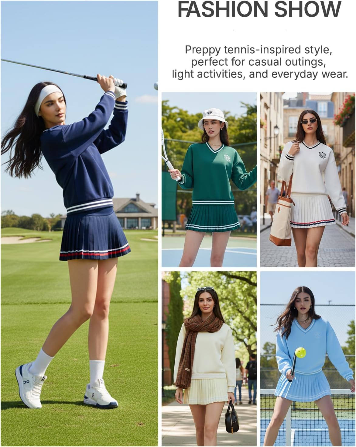 Women's Long Sleeve Tennis Skirt Set 2 Piece Golf Outfit, V-Neck Sweater & Skort with Pockets, Preppy Pickleball Sport Suits - Image 2
