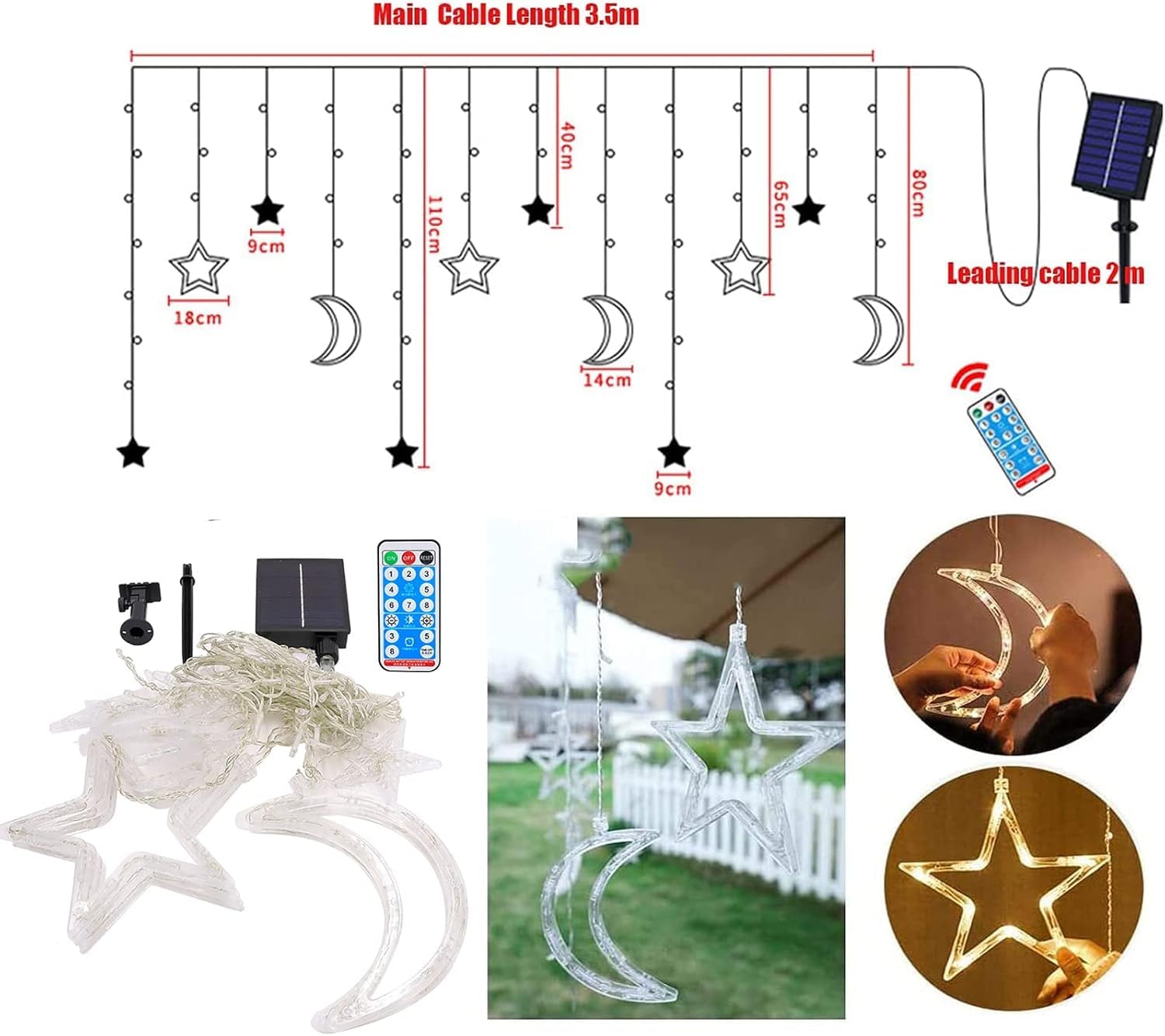 Stringa di luci solari per esterni, a forma di stella e luna, 8 modalità, 138 LED, con telecomando, impermeabile, decorazione per Natale, matrimoni, feste, casa, patio (acqua)