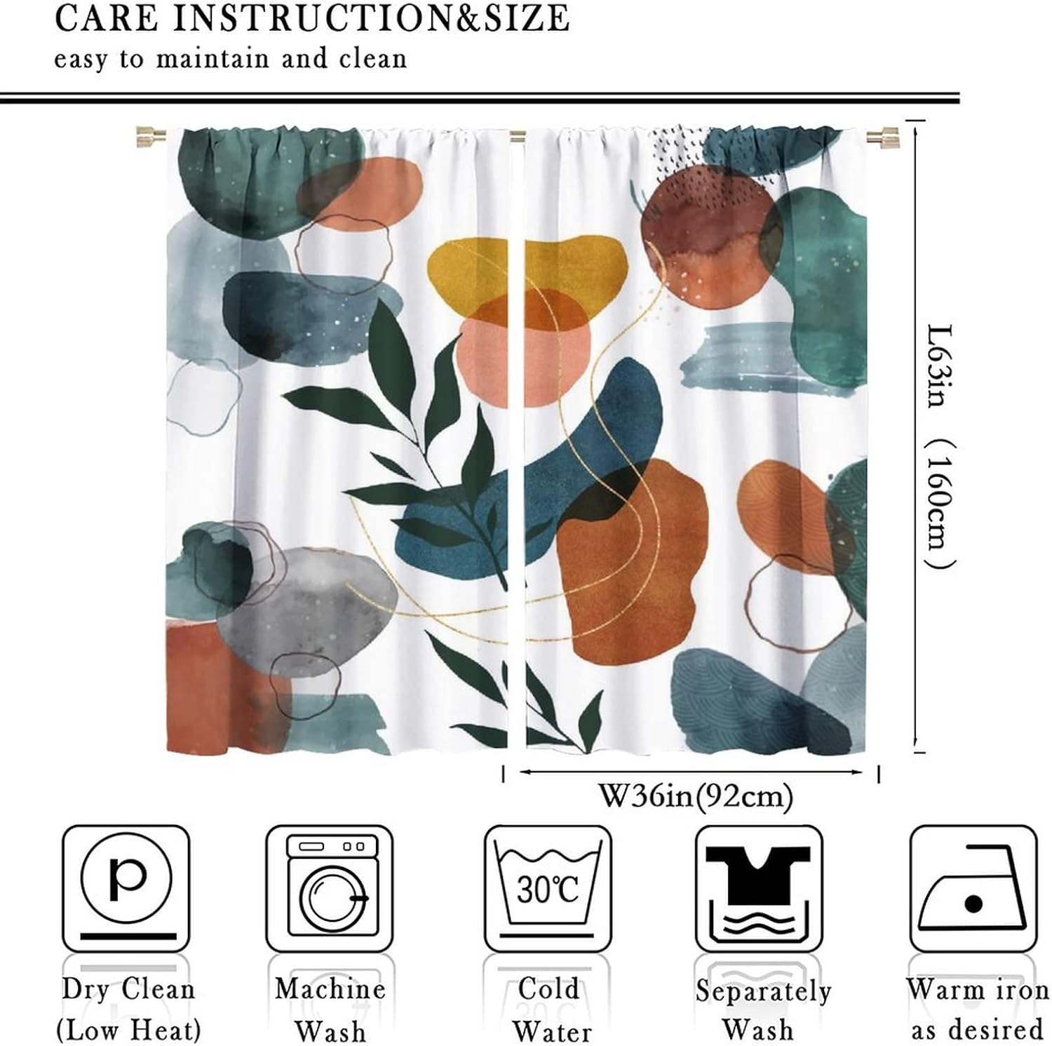 Abstract Art Mid Century Blackout Curtains,Modern Boho Geometric Leaves Floral Plant Window Curtains Rod Pocket Thermal Insulated Room Darkening Blackout Curtains for Bedroom 2 Panels 63L x 36W