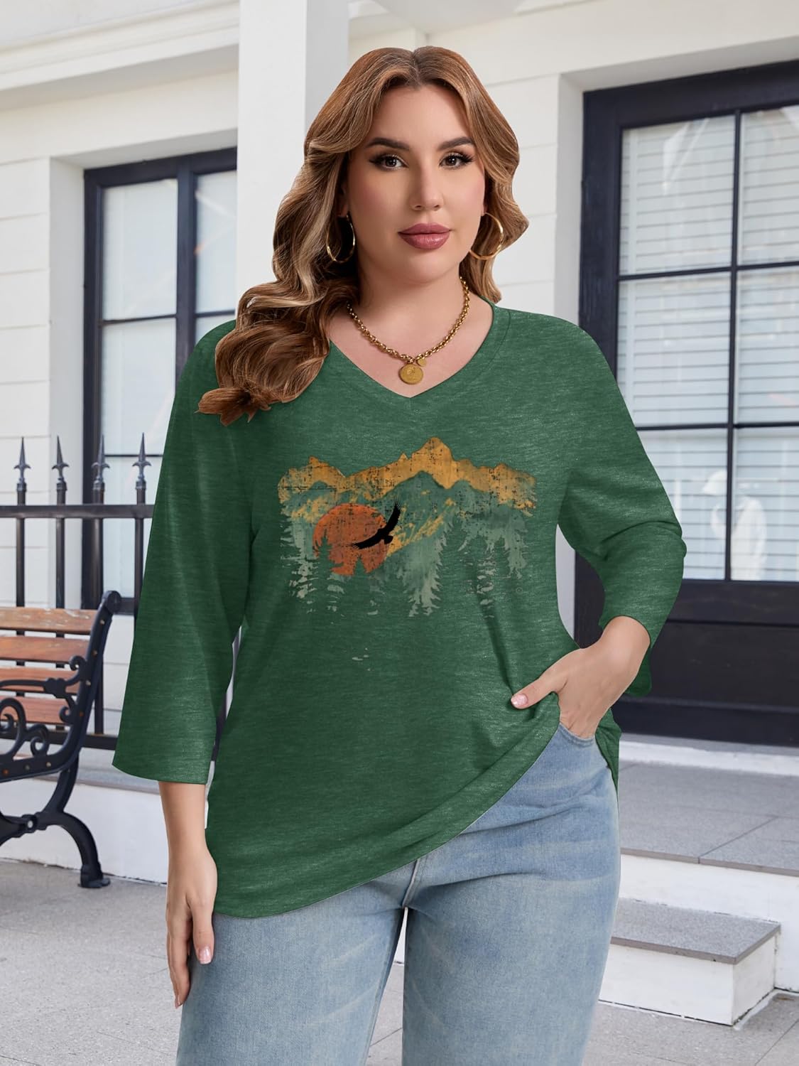 Chulianyouhuo Women Plus Size Shirts 3/4 Sleeve V Neck Graphic Tee Tops Summer Casual Loose Fit Tshirts Trendy Tunic Clothing - Image 2