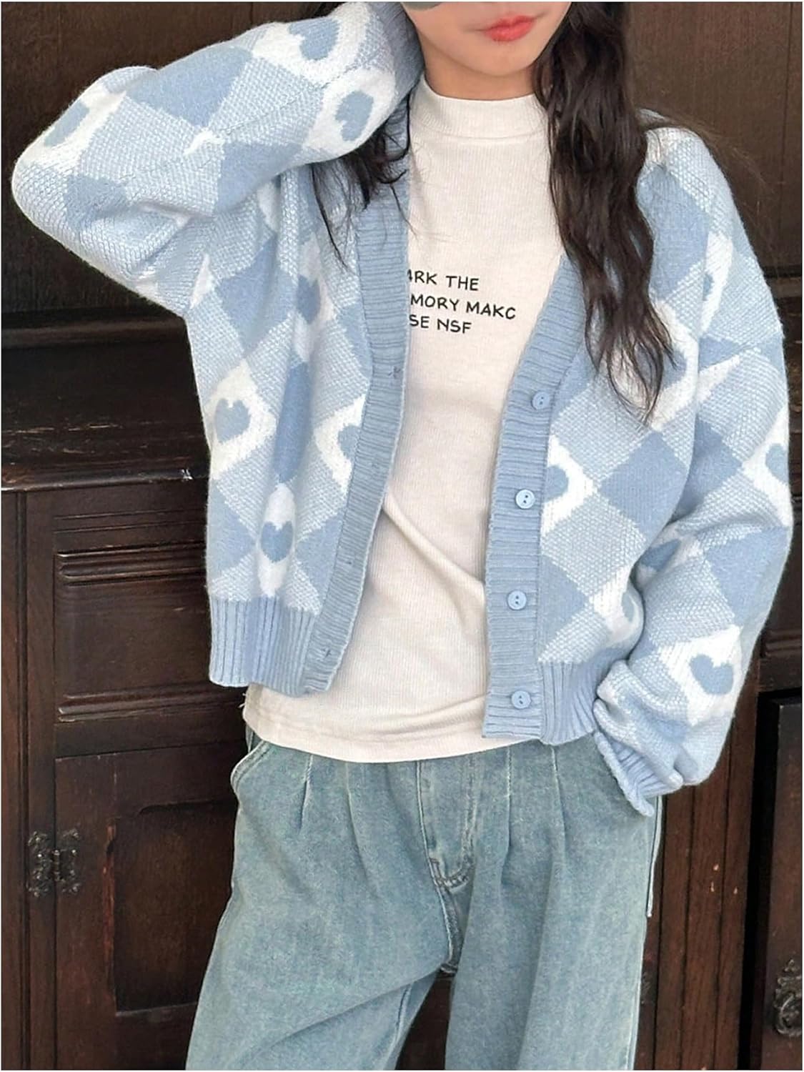 Floerns Girl's Cute Heart Print Long Sleeve Open Front Cardigan Sweater Button Up V Neck Knitted Outerwear