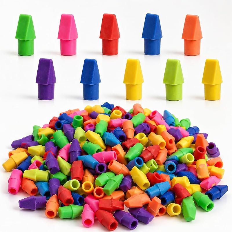 PRALB- 300 Pack Pencil Top Eraser Caps, Assorted Colors, Latex-Free | Chisel-Shaped Eraser Toppers, Essential Classroom Supplies for Teachers, Perfect for School & Office Use