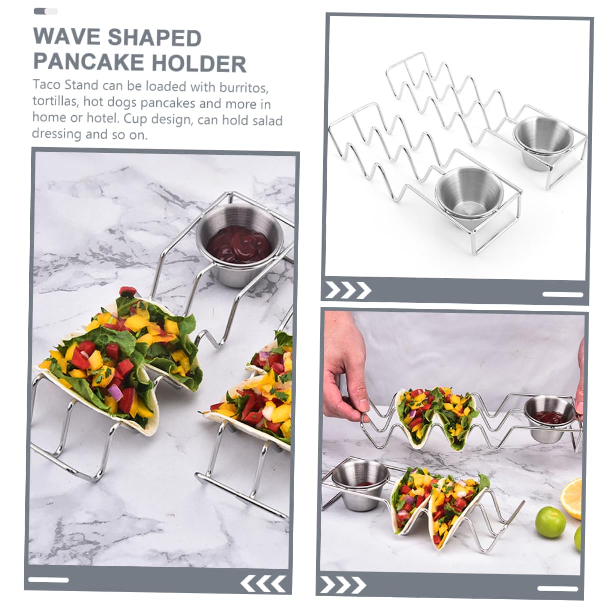 MOLUCKFU Stainless Steel Pancake Rack Mexico Taco Holder Mexico Taco Serving Tray Desktop Burritos Stand Taco Holder Stand Support for Burritos Burrito Holder Stainless Taco Stand Silver