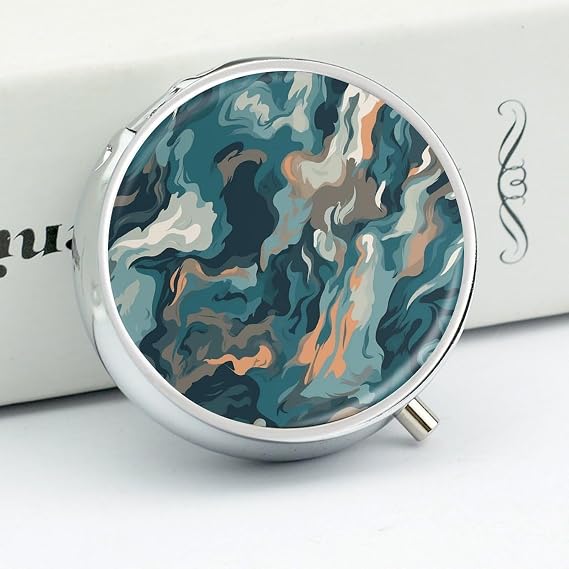 Blue Camouflage Pattern Pill Box for Women Men Pocket Round Pill Case Decorative Box Medicine Vitamin Metal Pill Organizer Portable Pill Holder for Travel Unique Gift