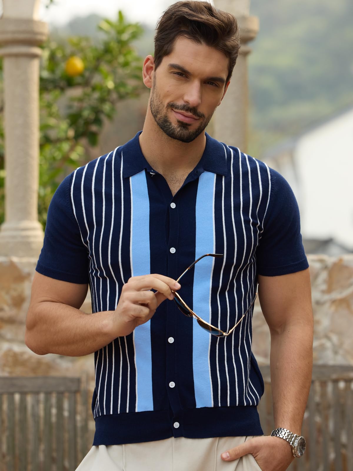 Les umes Polo Uomo A Righe Retro Cardigan Con Maniche Corte Cotone Estate Golf Casual
